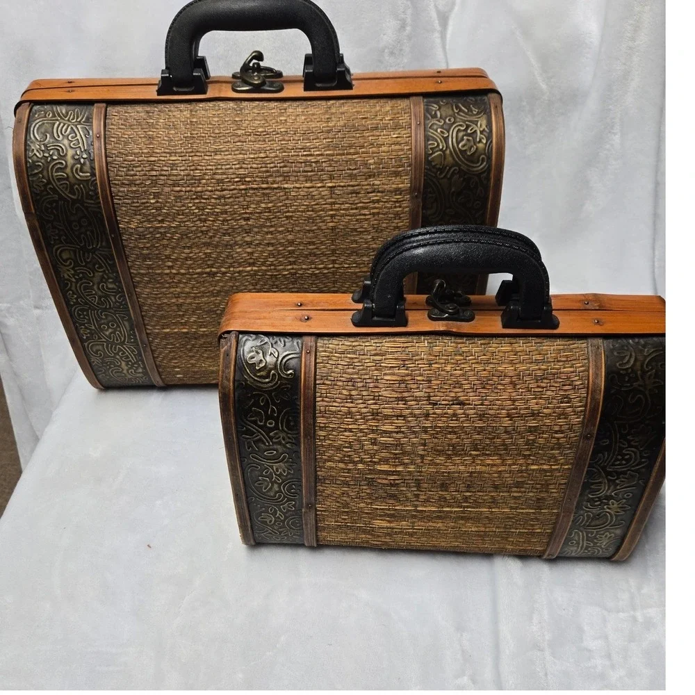 Vintage Nested Woven Storage Trunk Suitcase Set Boho Farmhouse Decor Pair 2 pc